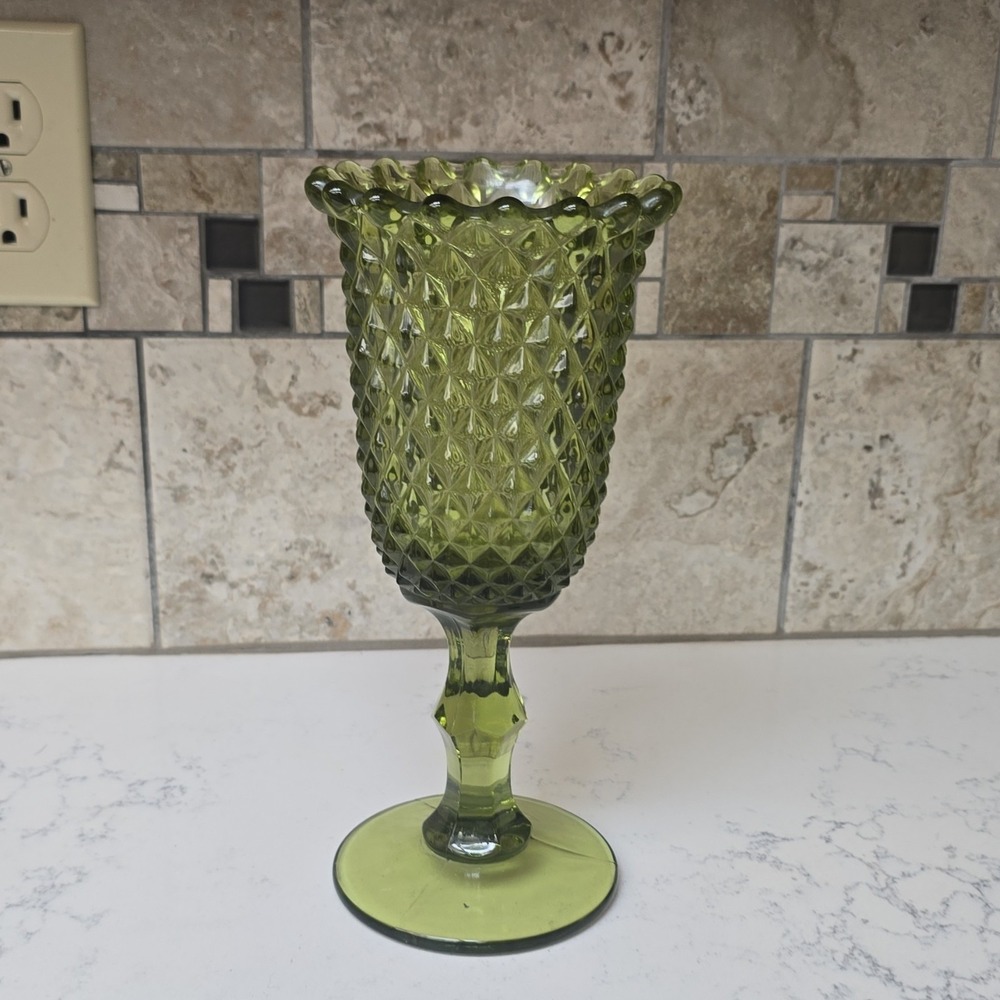 Indiana Glass Green Diamond-Point Goblet Celery Vase Compote Scalloped Rim 9.25"